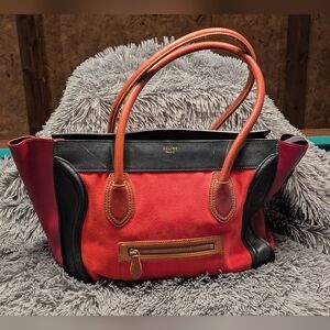Celine Poppy/Multicolor Calfskin Leather and Canvas Mini Luggage Tote Bag